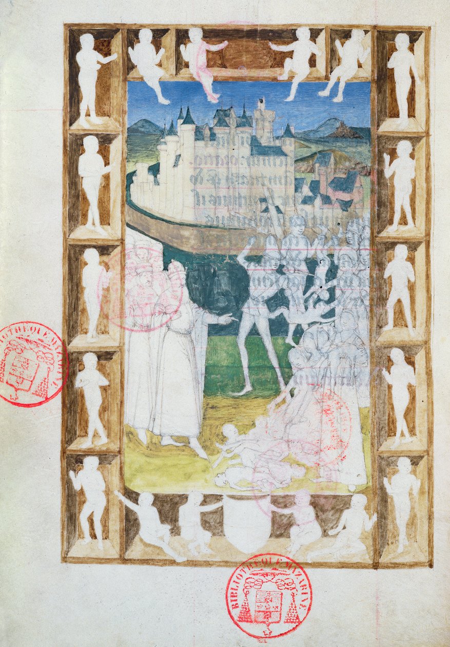 Ms 473 The Massacre of the Innocents, uferdig miniatyr fra Heures de Charles de France, ca. 1466-69 av French School