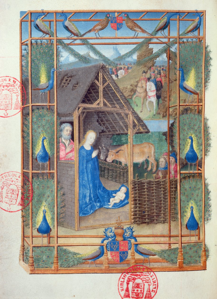 Ms 473 The Nativity with Peacocks, miniatyr fra Heures de Charles de France, ca. 1466-69 av French School