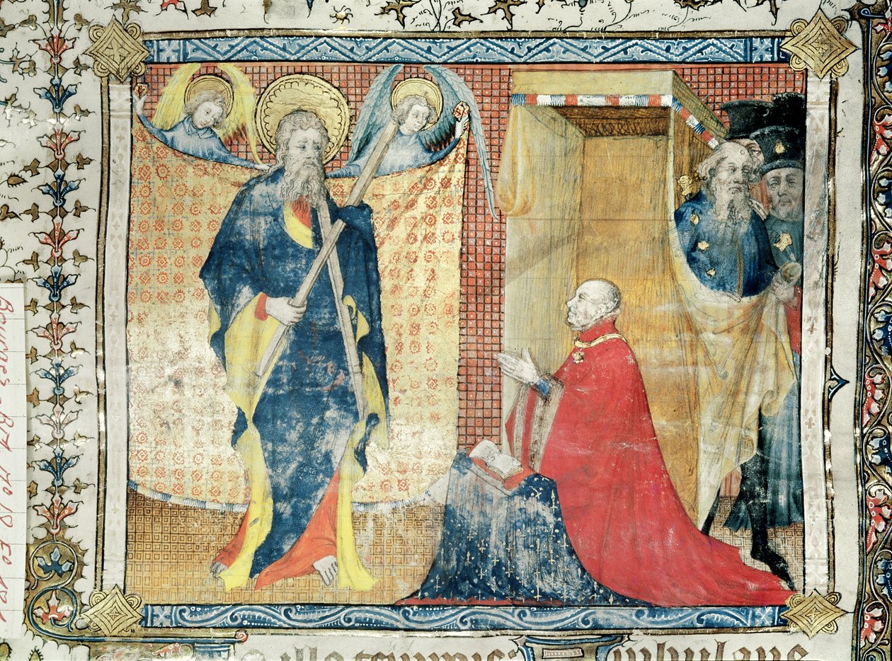 Ms 48 fol.181 Jean de France (1340-1416) Hertugen av Berry ber foran St. Andrew, fra Lectionnaire de la Sainte-Chapelle de Bourges, ca. 1404-10 av French School