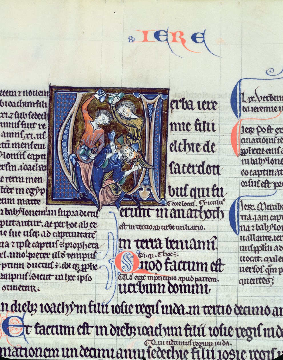 Ms 48 fol.95v Historikert initial V som viser steiningen av profeten Jeremia av French School