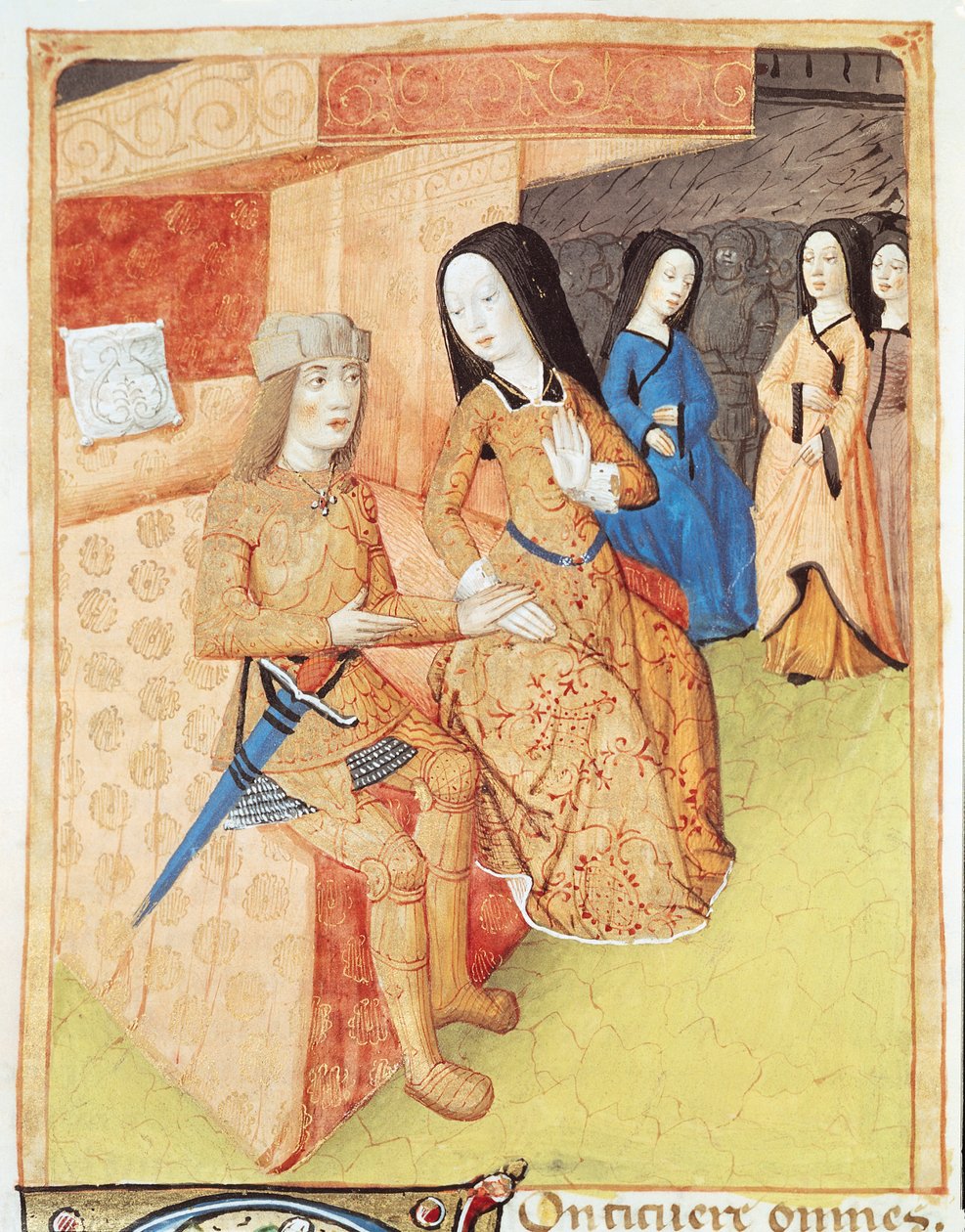 Ms 493 f.74v Aeneas og Dido, fra verkene til Virgil (70-19 f.Kr.) 1469 av French School