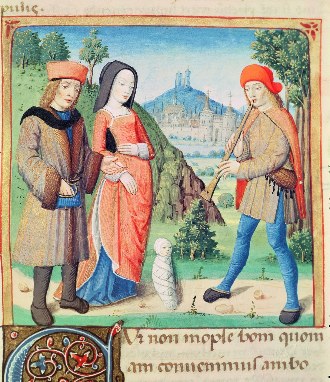 Ms 493 f.9 Feiringen av barnet som vil gjenopprette gullalderen på jorden, fra The Eclogues av Virgil med en kommentar av Servius, 1469 av French School