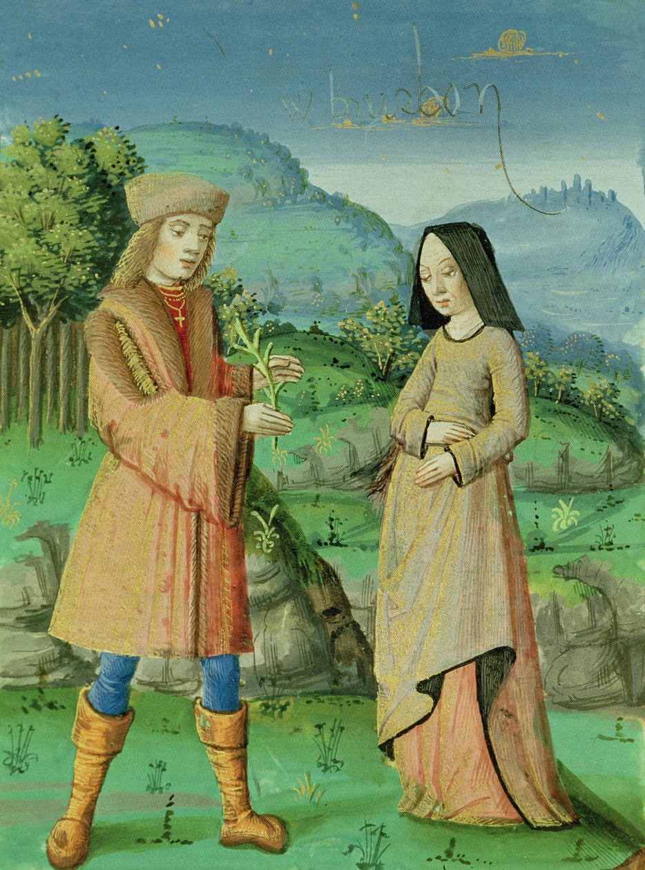 Ms 493 fol.123v Møte mellom Aeneas og Anne, søsteren til Dido, fra The Aeneid med kommentarer av Servius, 1469 av French School