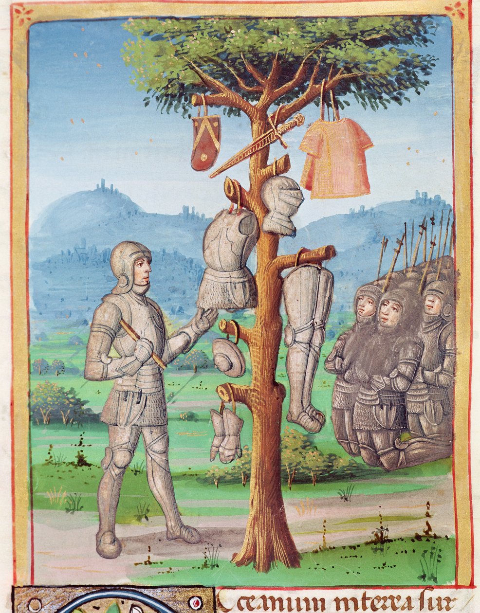 Ms 493 fol.193v Aeneas henger rustningen til Mezentius fra et eiketre, fra The Aeneid av Virgil med en kommentar av Servius, 1469 av French School