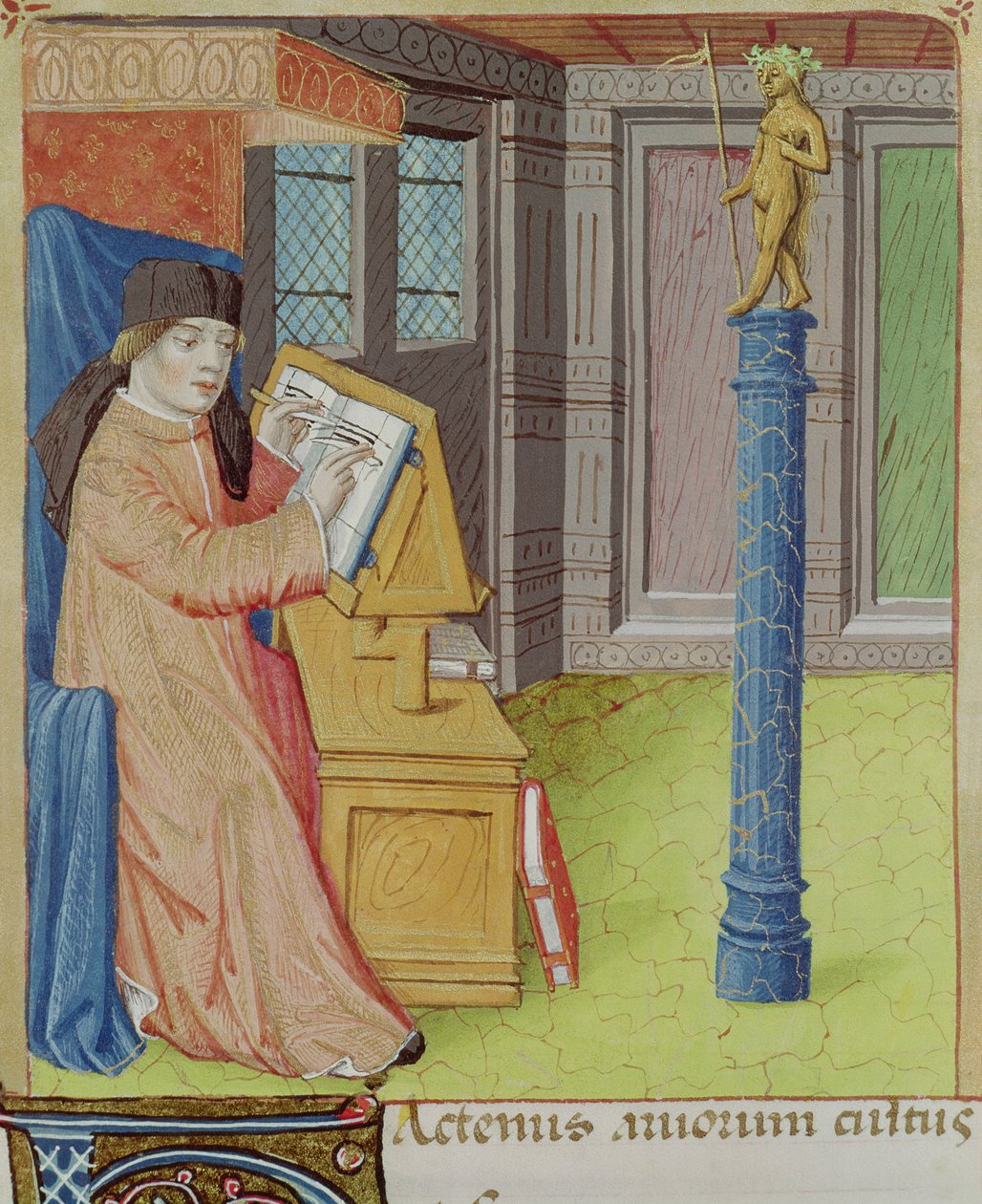 Ms 493 fol.29r Virgil skriver før Artemis, fra The Georgics av Virgil (70-19 f.Kr.) med kommentar av Servius, 1469 av French School