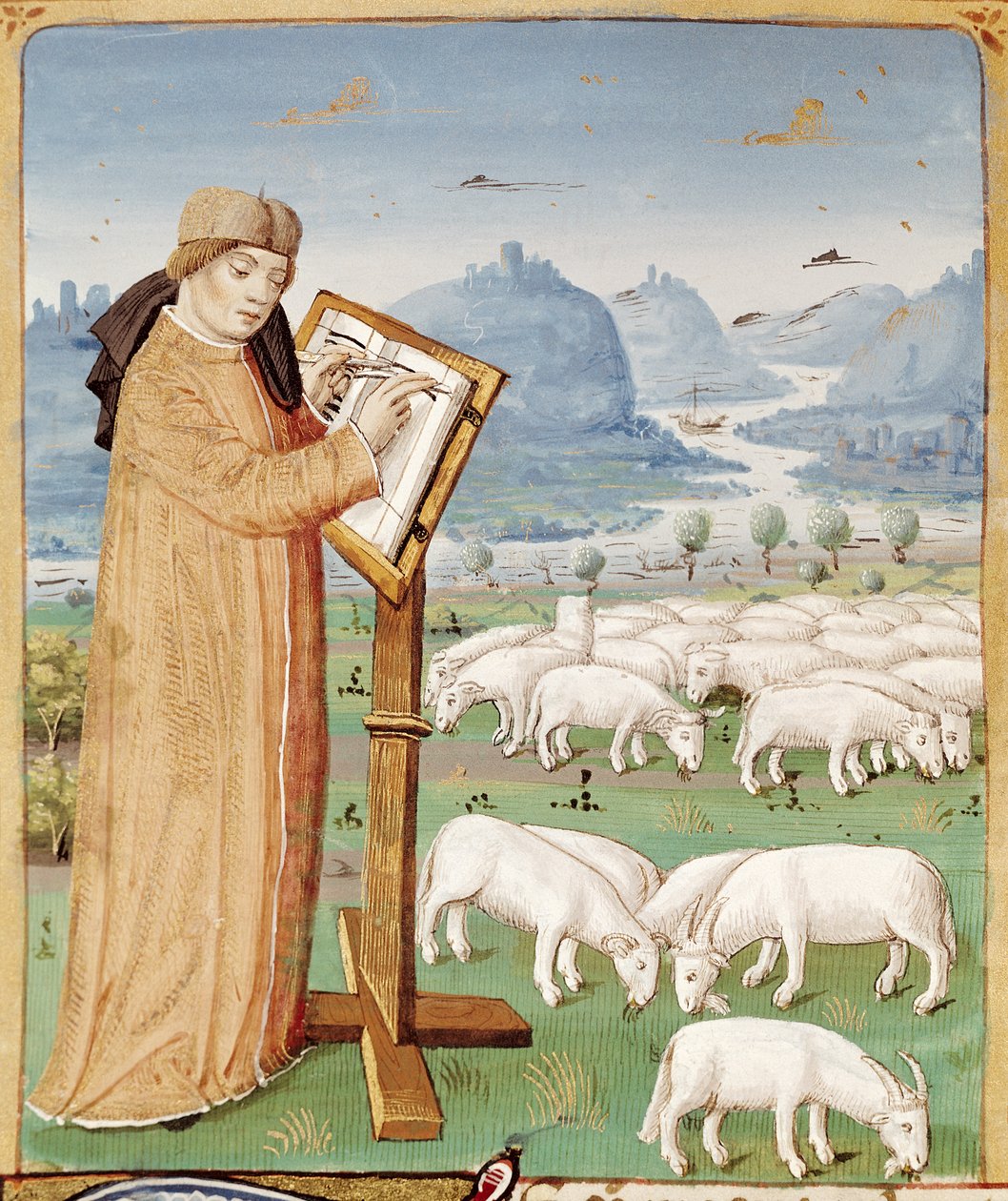 Ms 493 fol.37v Virgil skriver på et felt med sauer og geiter, fra The Georgics av Virgil (70-19 f.Kr.) med kommentarer av Servius, 1469 av French School