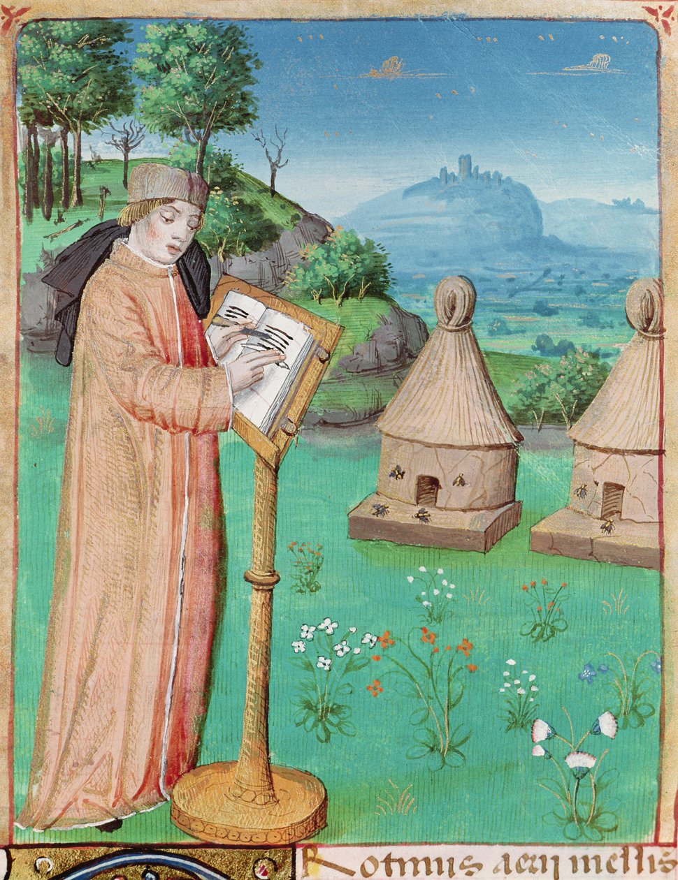 Ms 493 fol.45 Virgil (70-19BC) skriver Bienes liv, fra The Georgics av Virgil med en kommentar av Servius, 1469 av French School