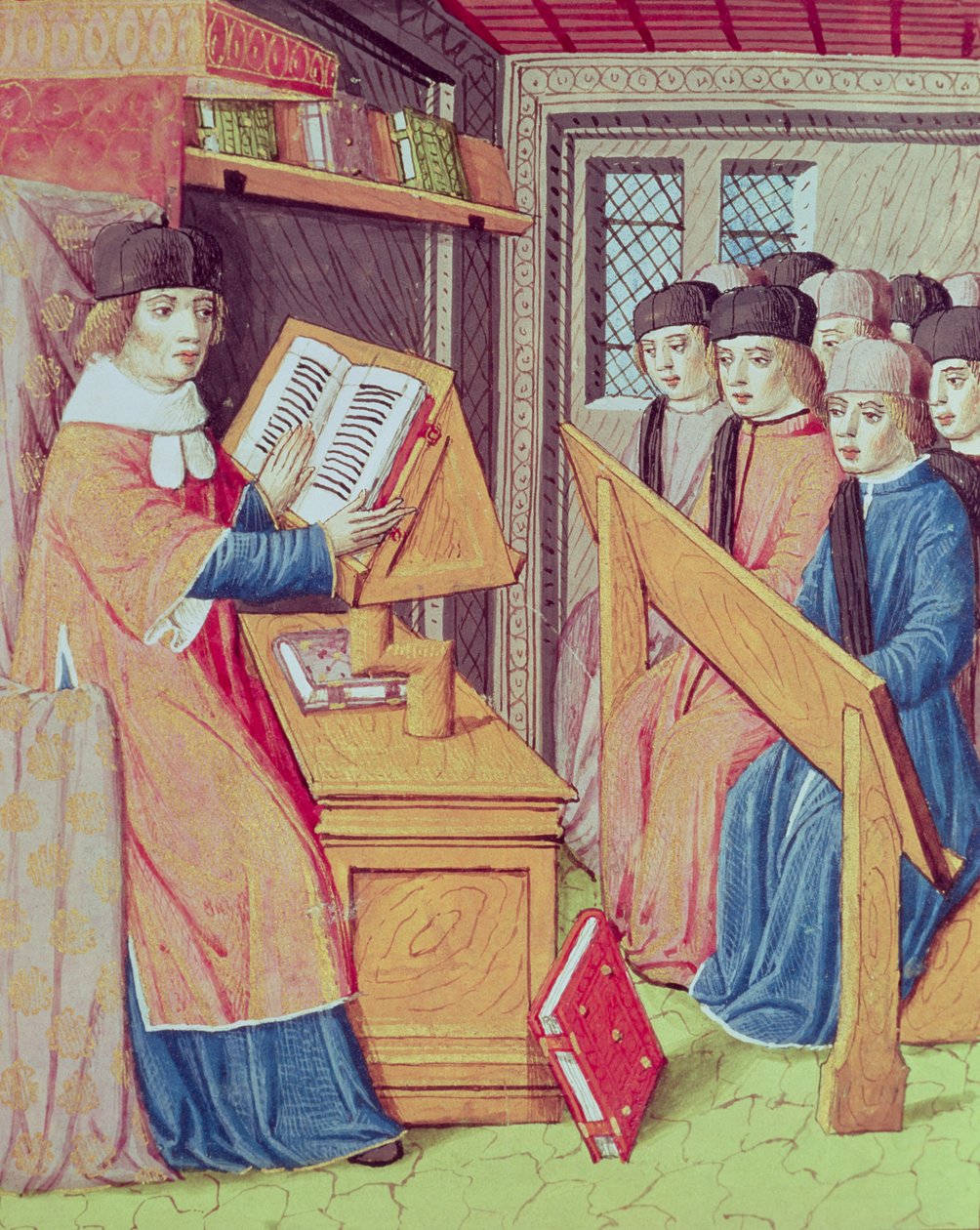 Ms 493 fol.56r Teaching from Les Georgics av Virgil med kommentarer av Servius, 1469 av French School