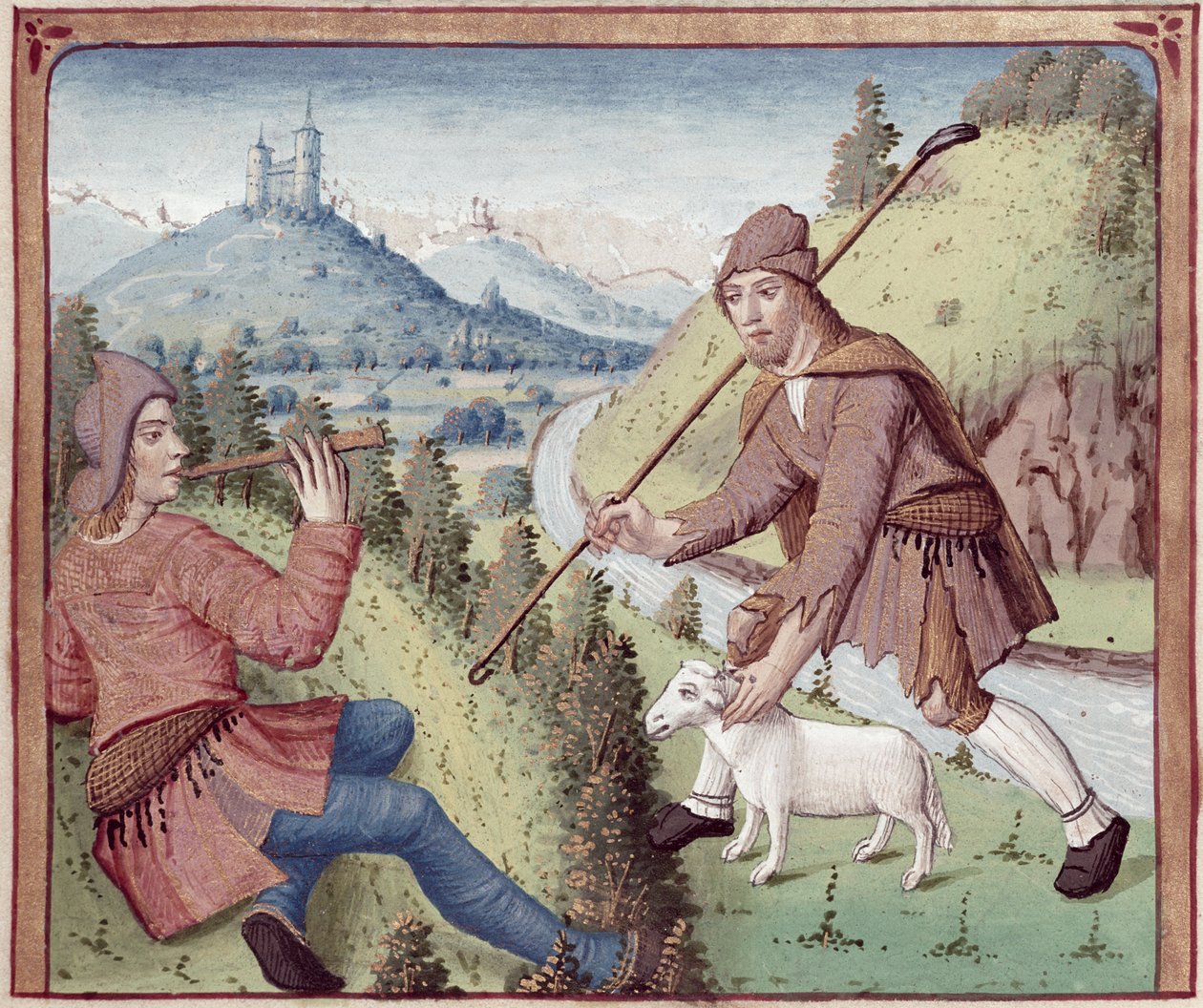 Ms 498 f.3v Tityrus møter Meliboeus, fra The Eclogues av Virgil med en kommentar av Servius, 1469 av French School