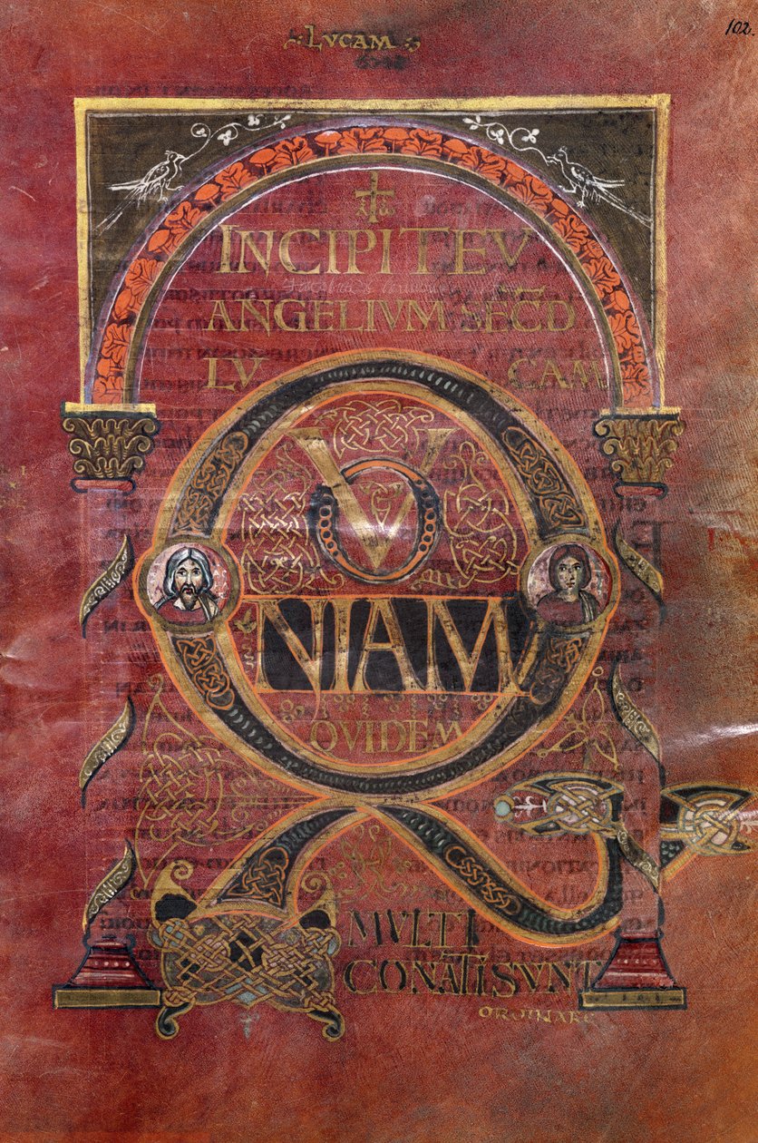 Ms 4 fol.102v Prolog av St. Lukasevangeliet, fra Evangeliet til St. Riquier, ca. 800 av French School