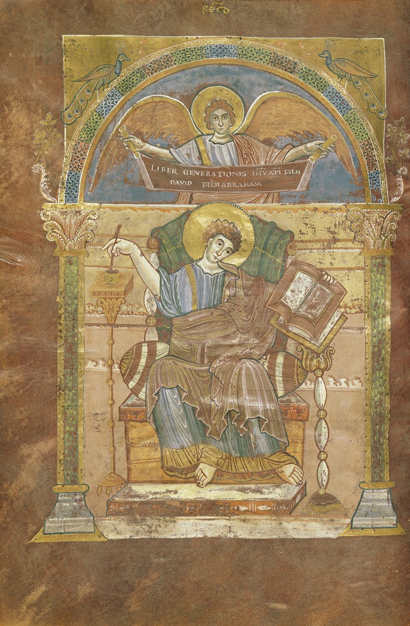 Ms 4 fol.17v St. Matteus, fra Evangeliet til St. Riquier, ca. 800 av French School
