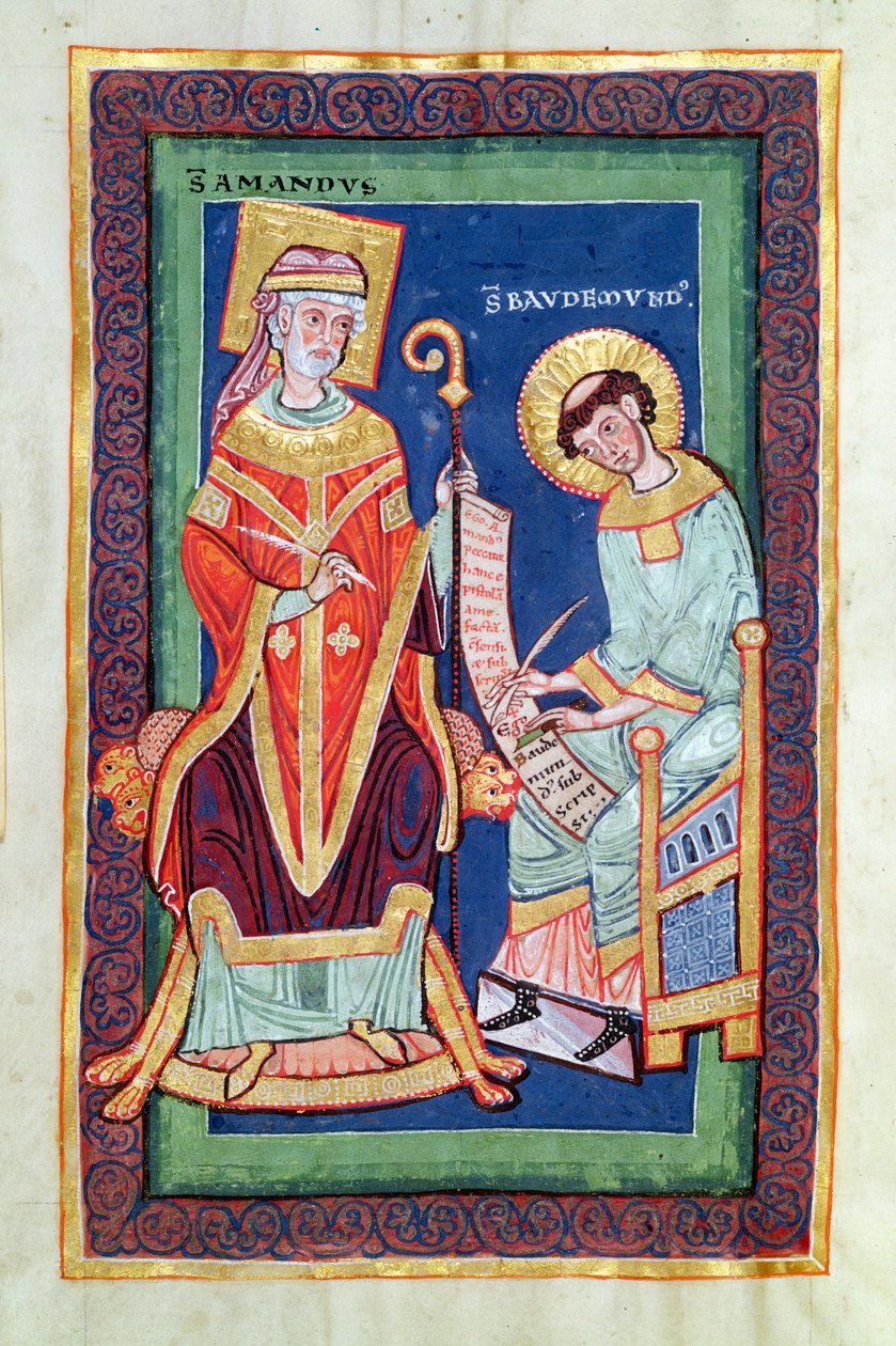 Ms 501 Fol.58 St. Amand returnerer en rulle til St. Baudemond, fra Life and Miracles of St. Amand av St. Baudemond (ca. 1150-c.1199) av French School