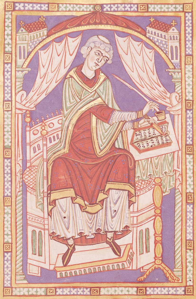 Ms 501 fol.5v Baudemond Writing, fra Life and Miracles of Saint Amand av French School