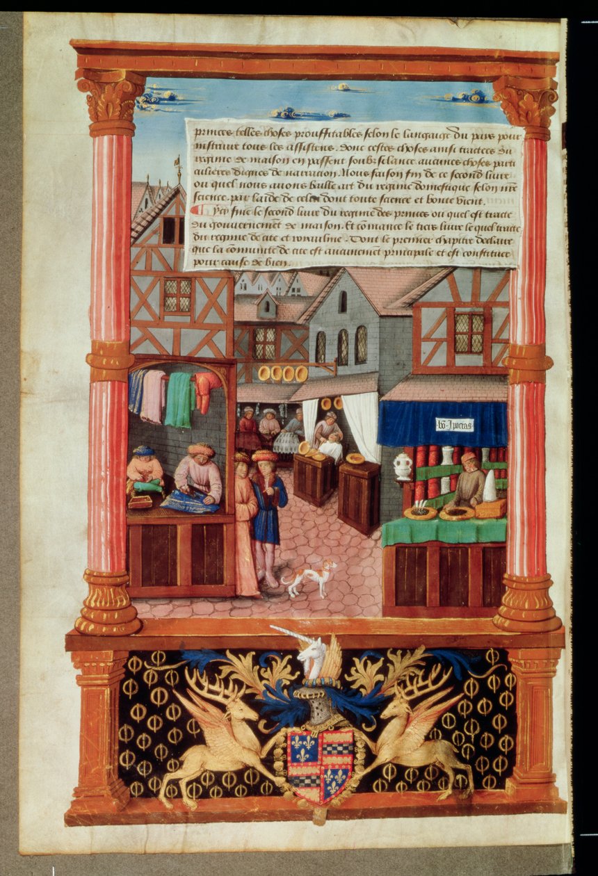 Ms 5062 fol.149v En gate med butikker og våpenskjoldet til Robert Stuart, Marshall of dAubigny Lucrece, fra Livre de Gouvernement des Princes av Gilles de Rome av French School
