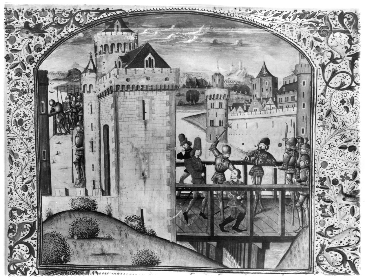 Ms 5084 Mordet på Johannes den fryktløse (1371-1419) hertugen av Burgund på Montereau-broen, 10. september 1419, fra Chroniques dE enguerrand de Monstrelet av French School