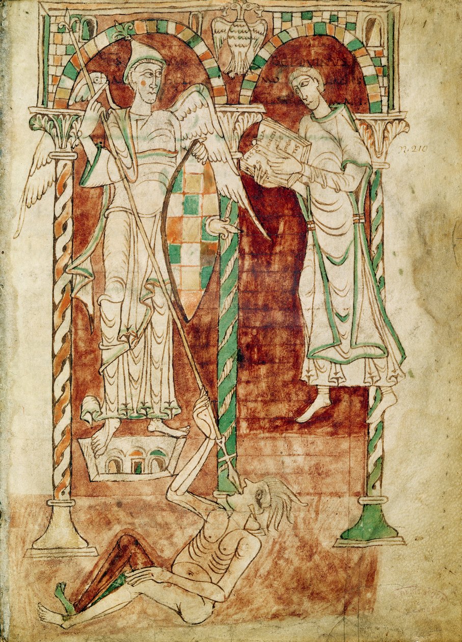 Ms 50 Fol.1v Kopisten presenterer sin bok til St. Michael, fra Recognitiones av Saint Clement av French School