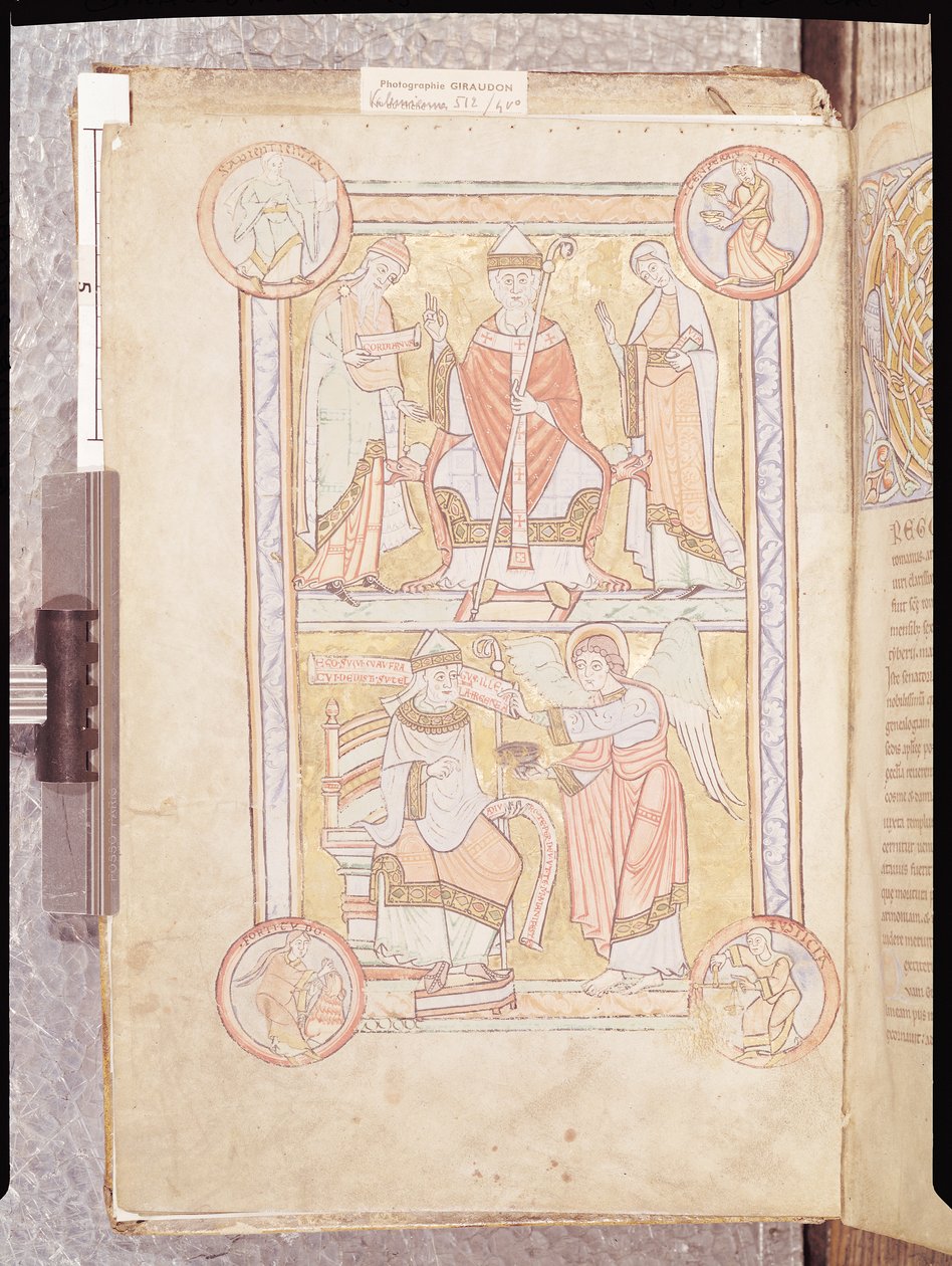 Ms 512 fol.4v St. Gregory the Great (ca. 540-604) mellom hans far, Gordien, og hans mor, Silvia og en druknet mann som en engel, fra Liber Pastoralis av French School