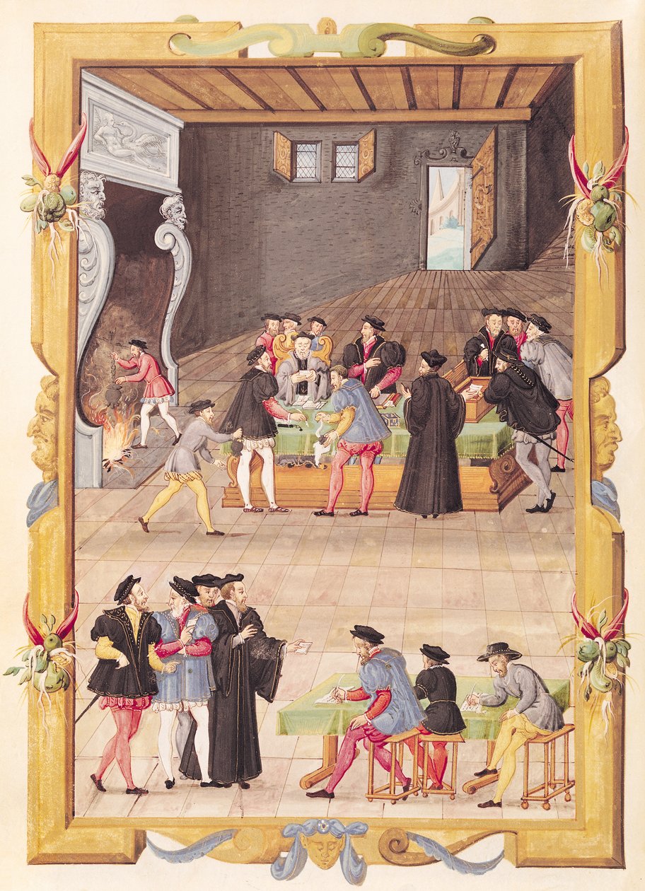 Ms 5169 f.2v Notarene og kongens sekretærer i salen til College of Notaries and King