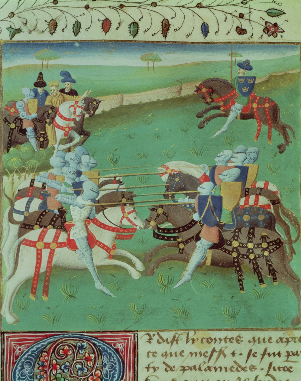 Ms 527 f.5v Teaching Knights to Joust, fra Roman du Saint Graal av French School