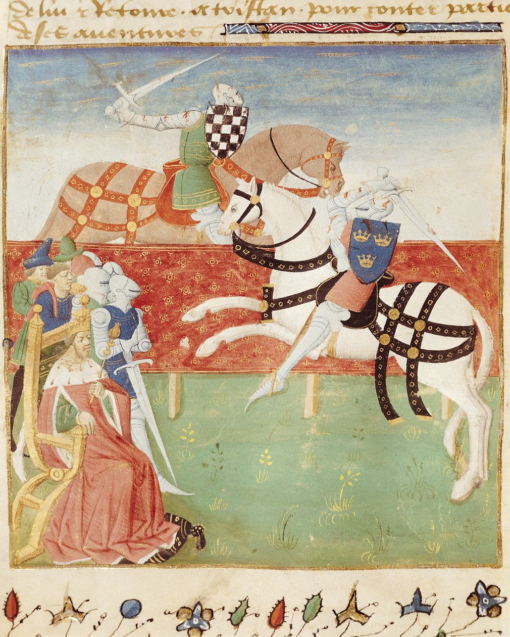 Ms 527 fol.40v Konfrontasjon av to riddere før kongen, fra Roman du Saint Graal av French School