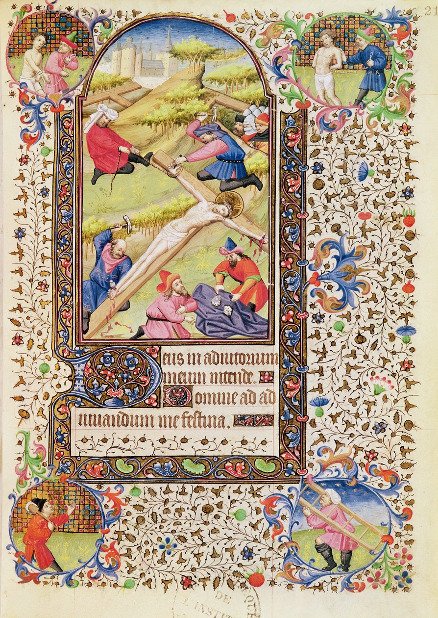 Ms 547 fol.21 Kristus blir naglet til korset, fra en timebok brukt av en kvinne fra Poitiers av French School