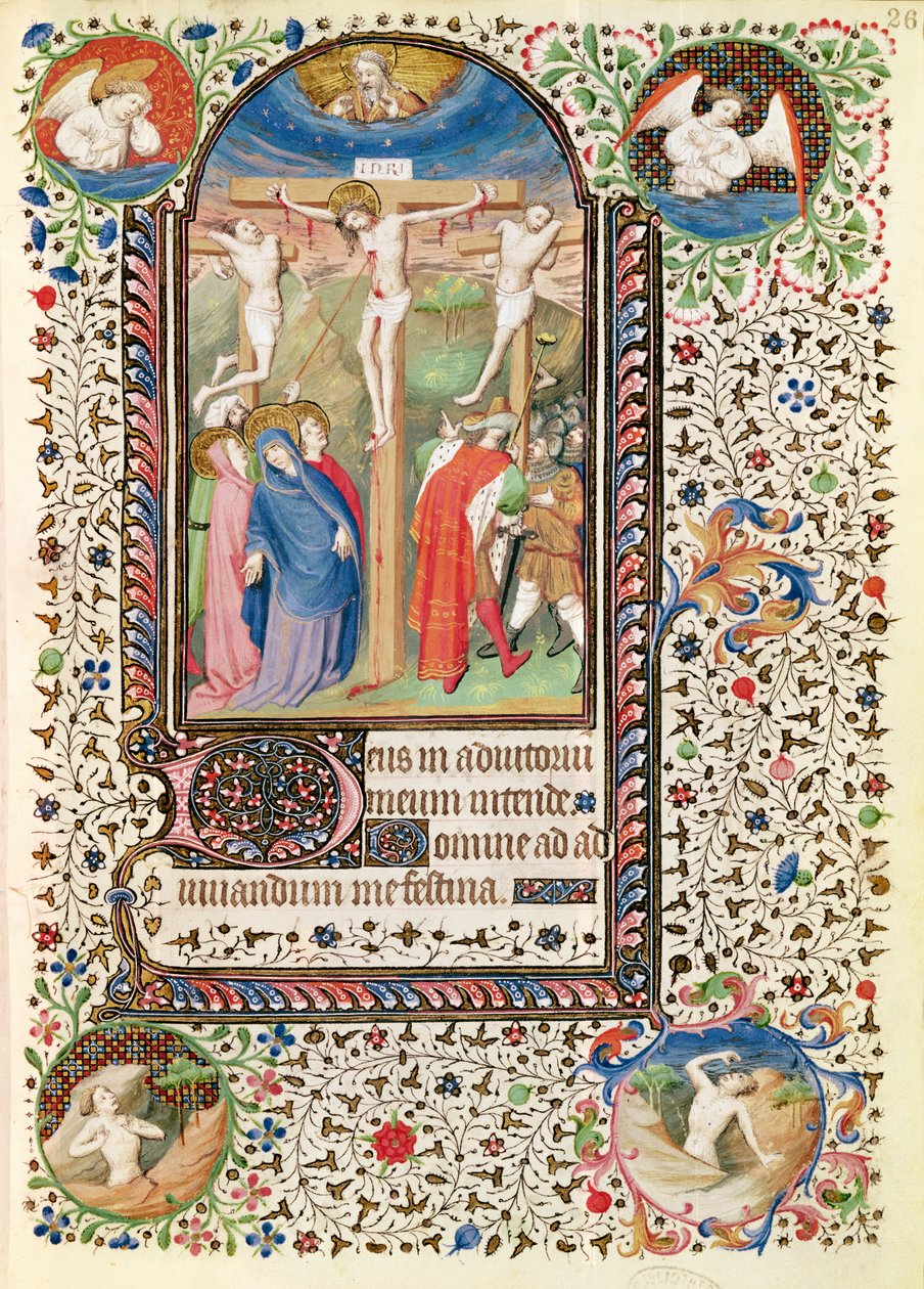 Ms 547 fol.26 Crucifixion, fra en timebok brukt av en kvinne fra Poitiers av French School