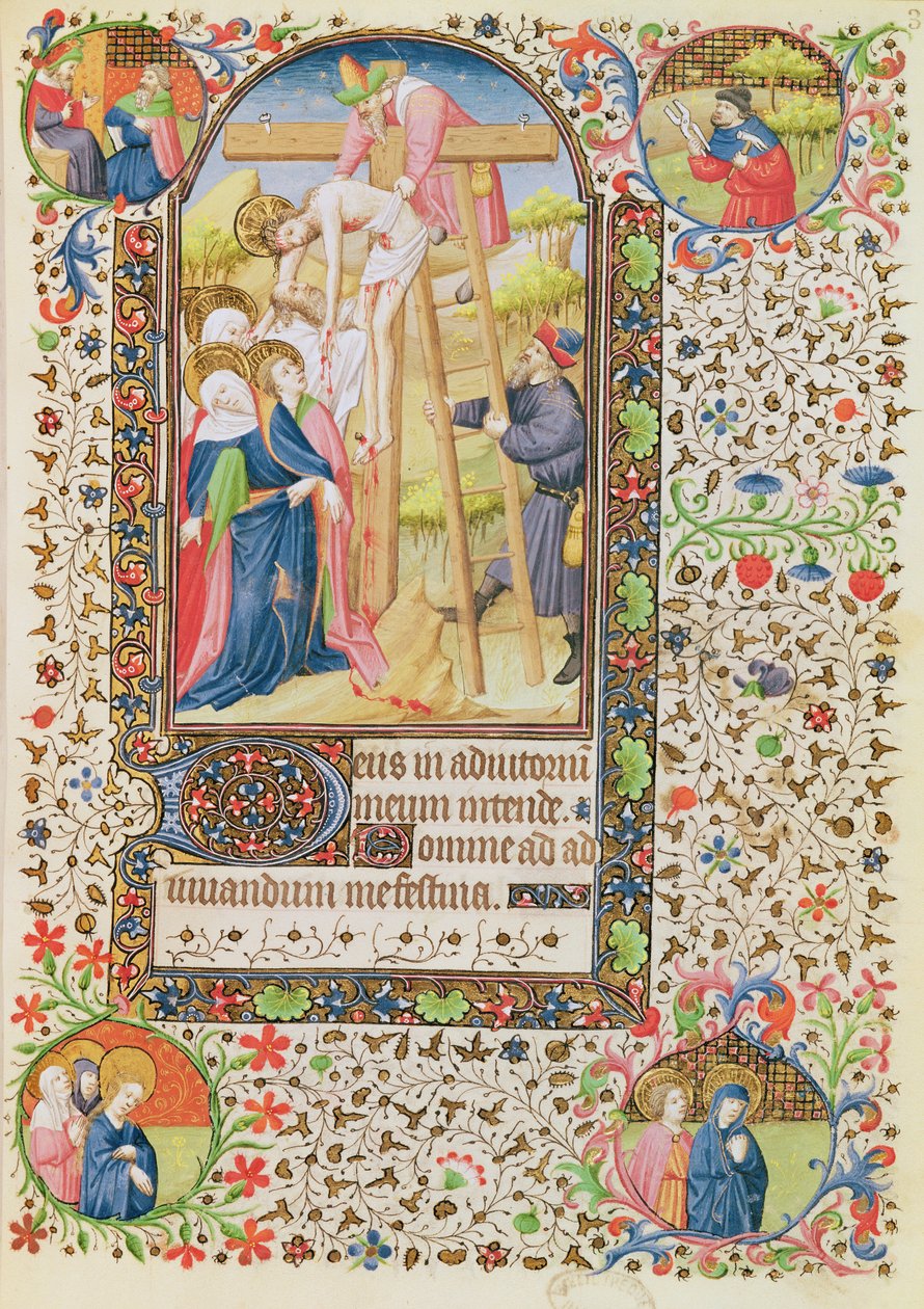 Ms 547 fol.32 Nedstigningen fra korset, fra en timebok brukt av en kvinne fra Poitiers av French School