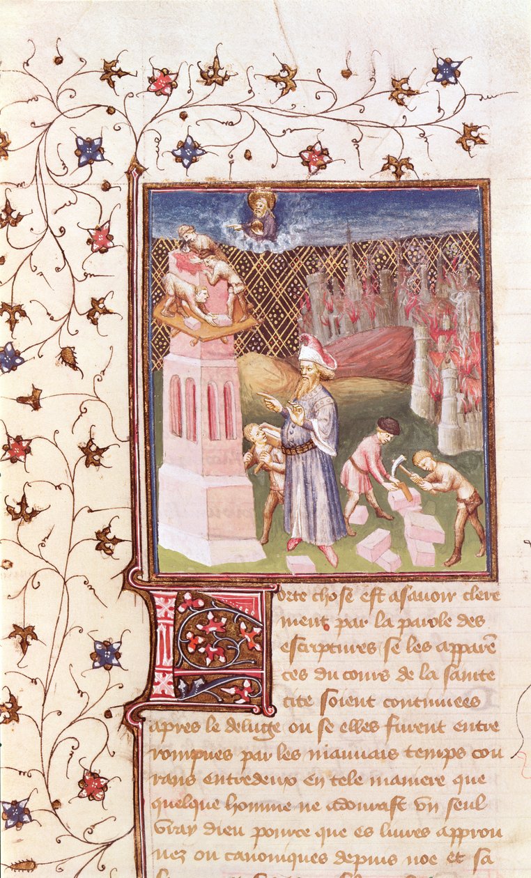Ms 55 t f.111v Nimrod overvåker byggingen av Babelstårnet, fra La Cite de Dieu av St. Augustine, oversatt av Raoul de Presles (1316-82) ca. 1400-50 av French School