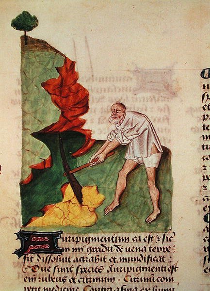 Ms 59 fol.3v Looking for gold, fra Grand Herbier av Pedanius Dioscorides (ca.40-90) av French School