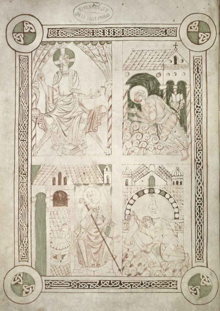 Ms 616 f.1v St. Augustine ved Kristi føtter og den skriftlærde Alardus tilbyr sin bok til St. Vaast, frontispice til Confessions av St. Augustine av French School
