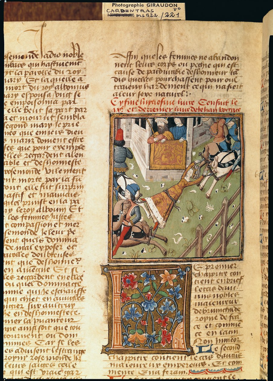 Ms 622 fol.221v The Torture of Brunhilda from Des Hommes Illustres, c.1460 av French School