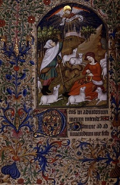 Ms 63 f.60v Angel viser seg for en hyrde, en kvinne sitter og lager en krans, fra en timebok, ca. 1460 (vellum) av French School