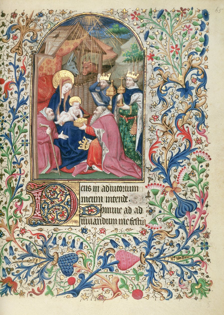 Ms 63 f.65r Adoration of the Magi, from a Book of Hours, ca. 1460 av French School