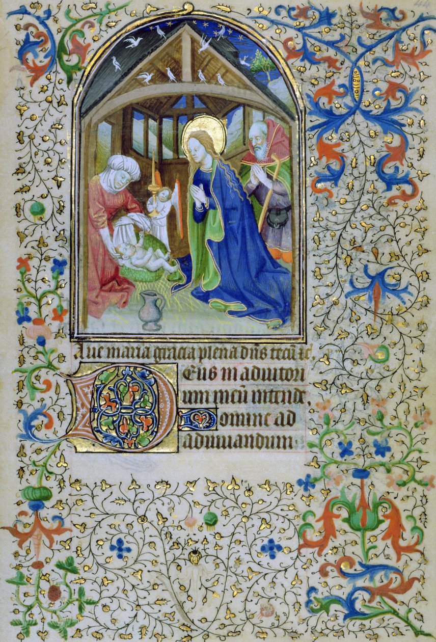 Ms 66 f.44r Jomfruen og Josef forguder den nyfødte Kristus, fra en timebok, Amiens av French School