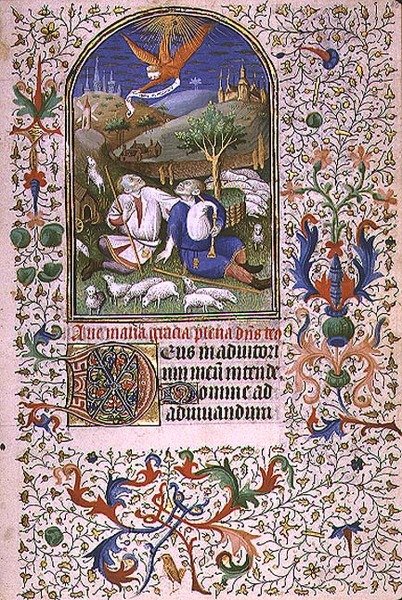 Ms 66 f.48r Angel viser seg for to gjetere, Amiens (vellum) av French School