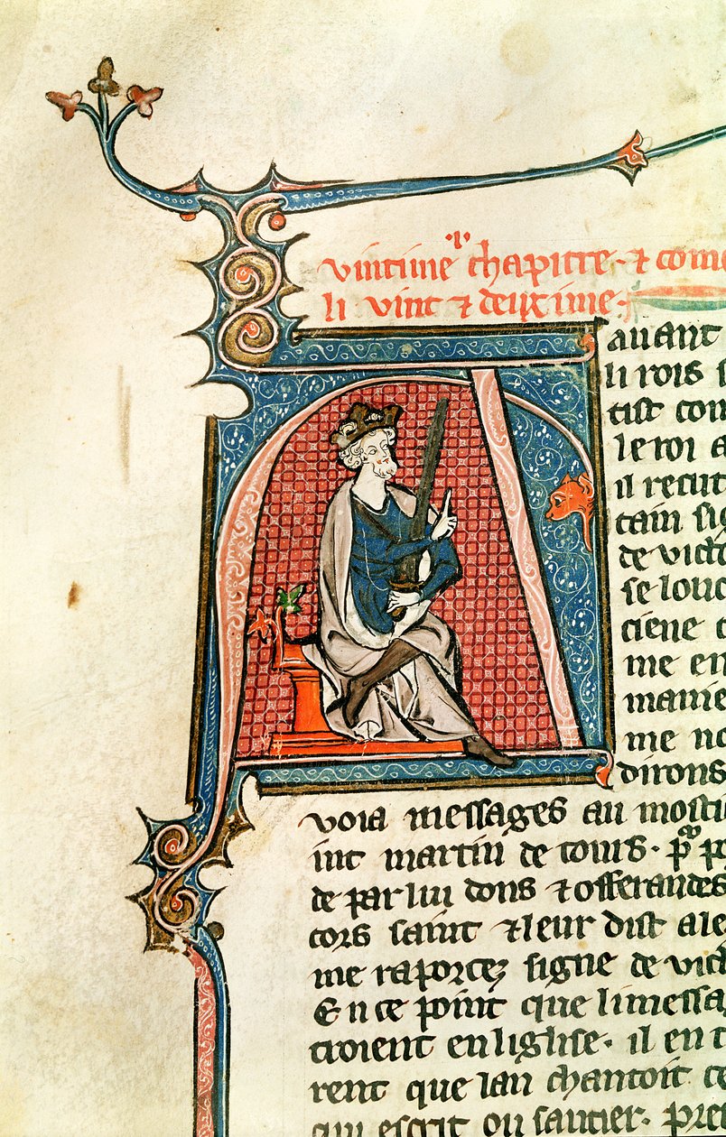 Ms 682 fol.17v Historikert initial A som viser en sittende konge som holder et tveegget sverd av French School