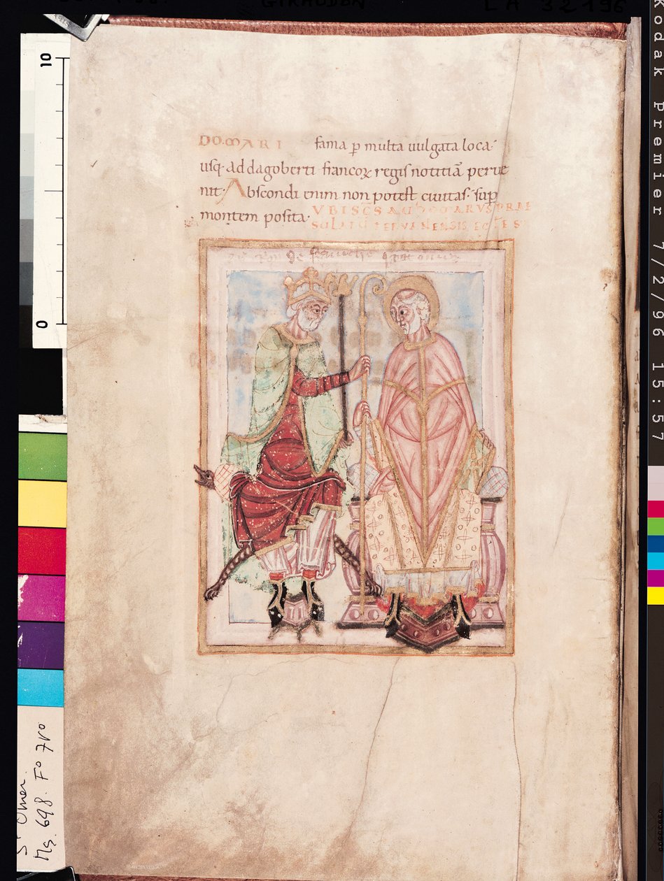 Ms 698 f.7v Dagobert I (609-39), kongen av frankerne investerer St. Audomarus Omer (d.c.669) biskop av Therouanne, som misjonærbiskop i Pas-de-Calais i 637, fra Life of St. Omer av French School