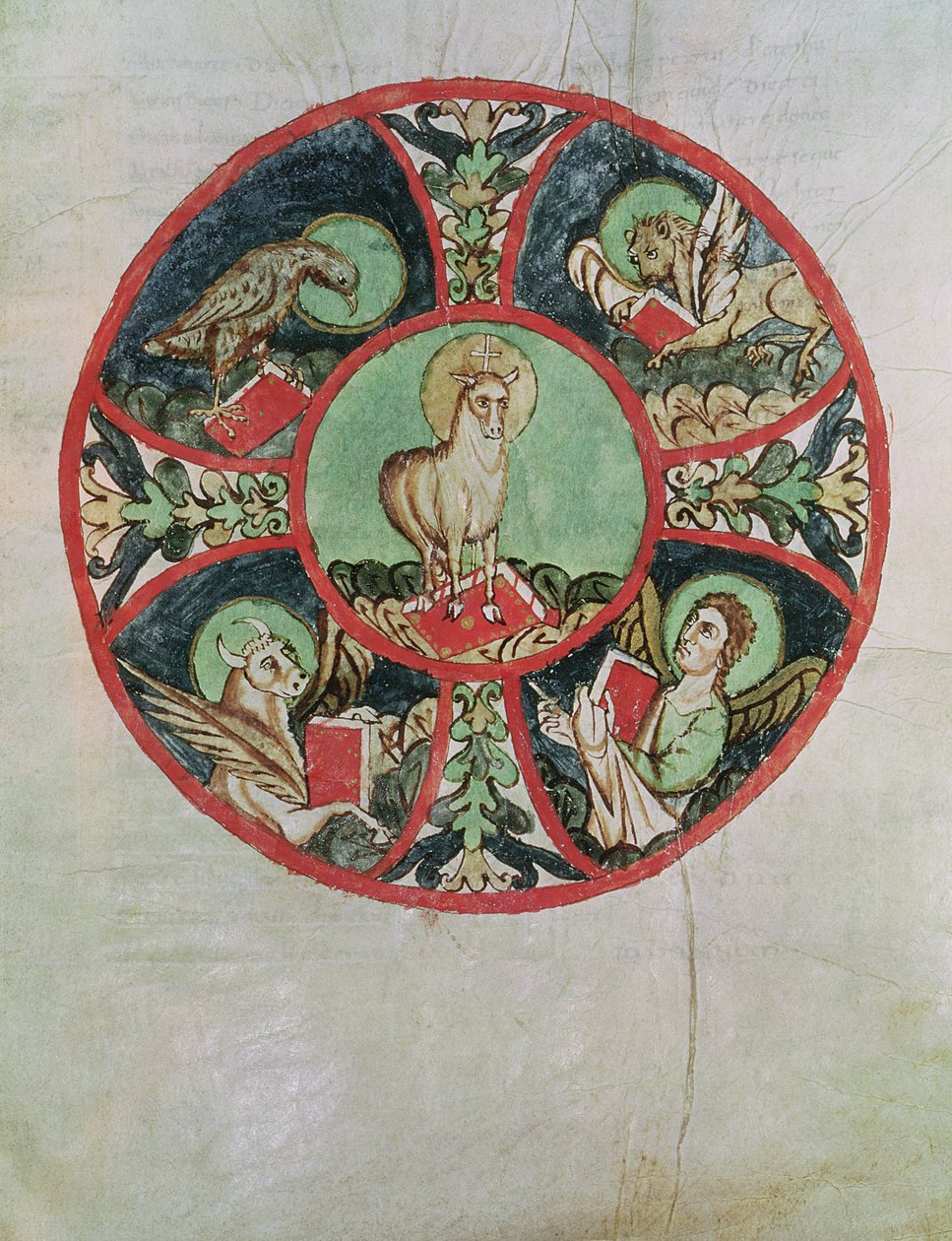 Frk. 69 fol.138v Guds lam omgitt av evangelistenes symboler av French School