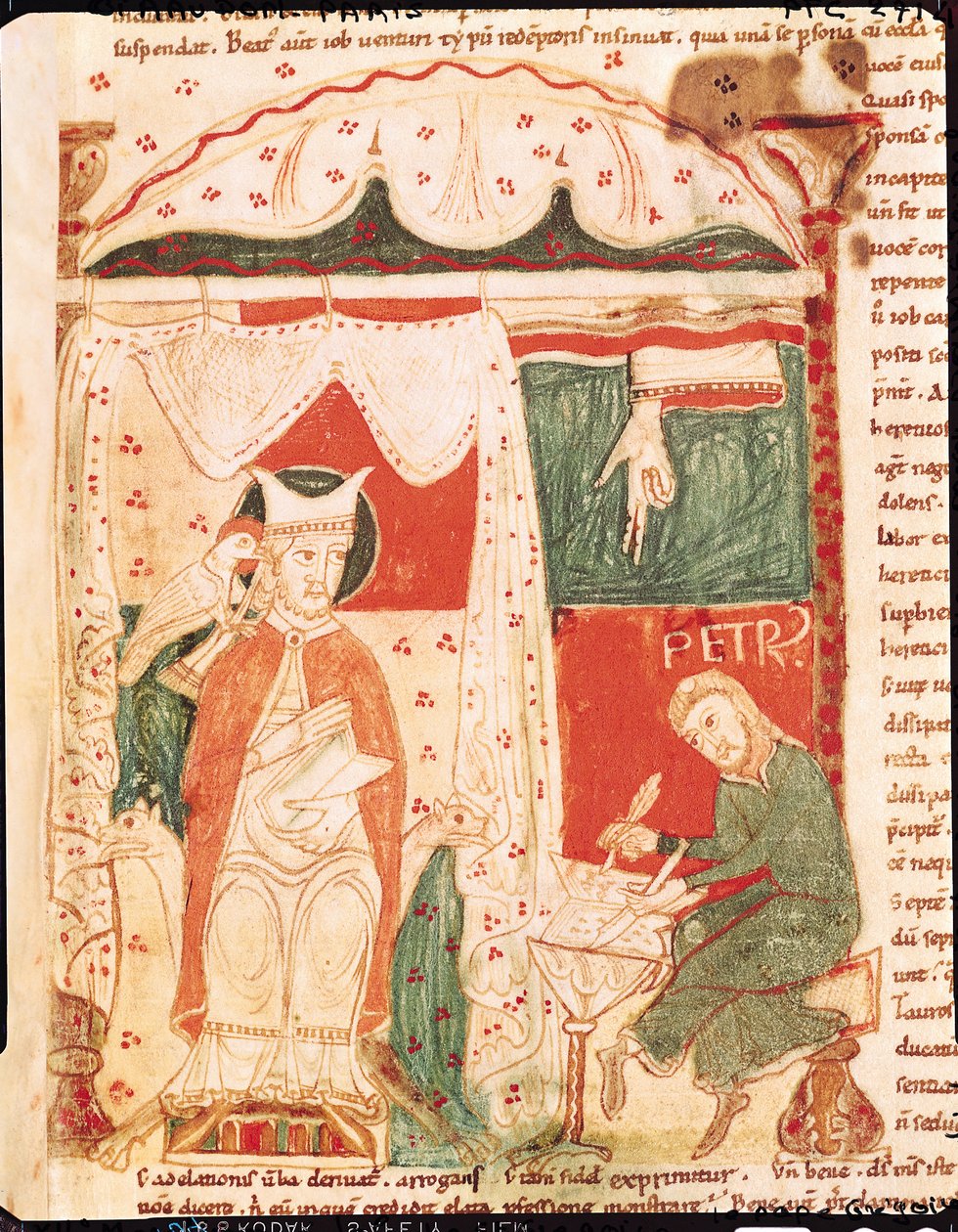 Ms 70 f.57 Pave Gregor I den store (ca. 540-604) dikterer Jobs bok til sin skriver Peter, fra Moralia in Job av pave Gregor den store av French School