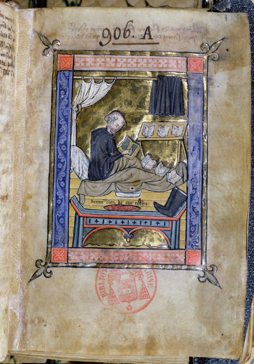 Ms 753 Fol.9 Munk skriver i sengen sin, fra Flores Bernardi av Guillaume de Tournai av French School