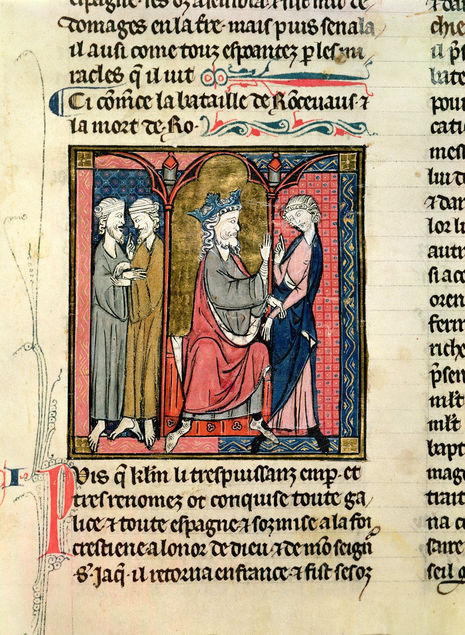 Ms 782 f.152r Charlemagne (742-814) sender Ganelon til Saragossan Kings, Marsile og Baligant, fra Chroniques de Saint-Denis, ca. 1275 av French School