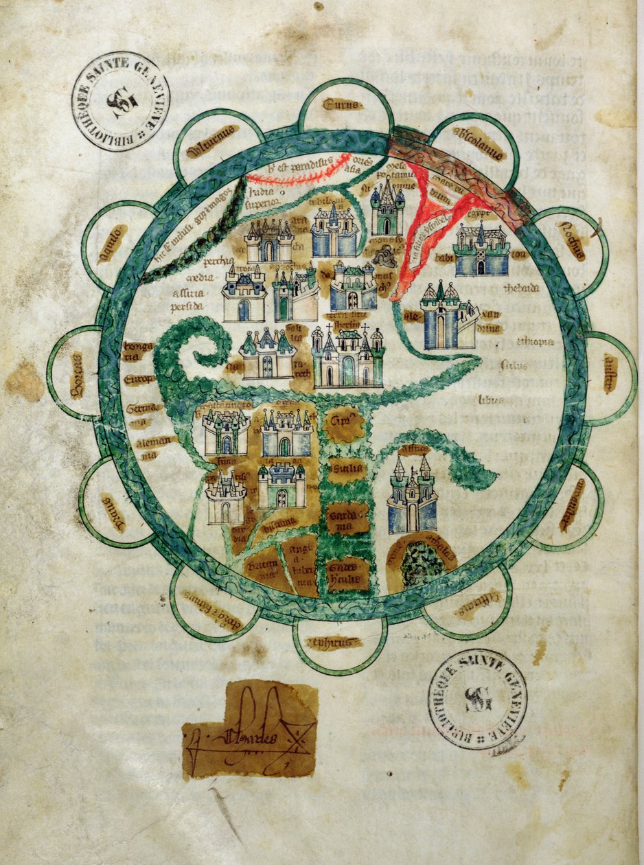 Ms 782 fol.16v. Kart over verden i form av en globus, miniatyr fra Grandes Chroniques de Philippe le Hardi av French School
