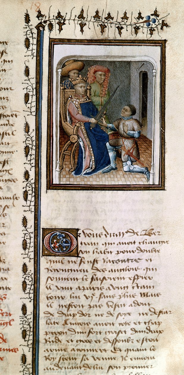 Ms 814 f.125r Bertrand du Guesclin (1320-80) riddet av kongen, fra Histoire de Du Guesclin av French School