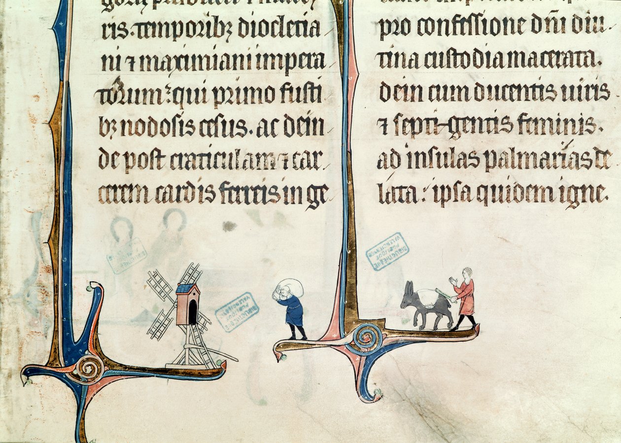 Ms 838 fol.55 En mann som kjører eselet sitt med hveteposer til en vindmølle, fra Obituaire de Notre Dame de Pres, etter 1270 av French School