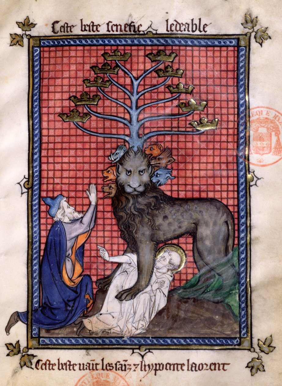Ms 870 Fol.8 Apokalypsens syvhodede beist æret av en hykler og knuser en hellig, fra La Somme le Roy av Frere Laurent, opplyst av Maitre Honore av French School