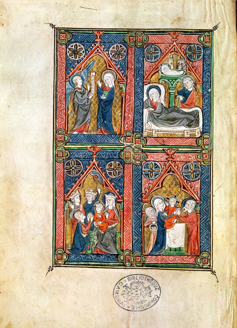 Ms 87 fol.16 Bebudelsen, fødselen, tilbedelsen av magiene og renselsen, fra timene til Mahaut dArtois av French School