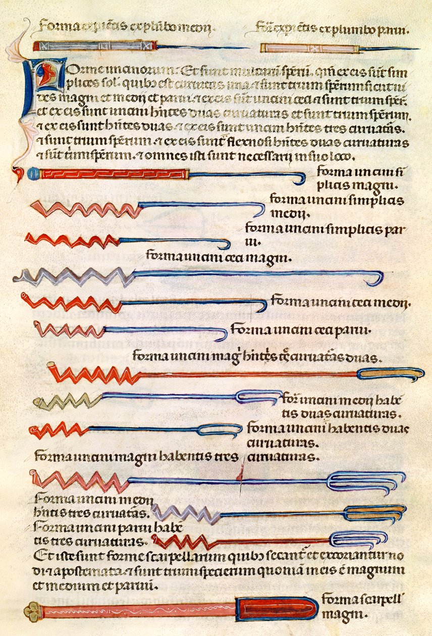 Ms 89 Ter fol.122r Kirurgiske instrumenter fra en avhandling av Abul Qasim Kalaf ibn al-Abbas al Zahrawi (Albucasis) av French School