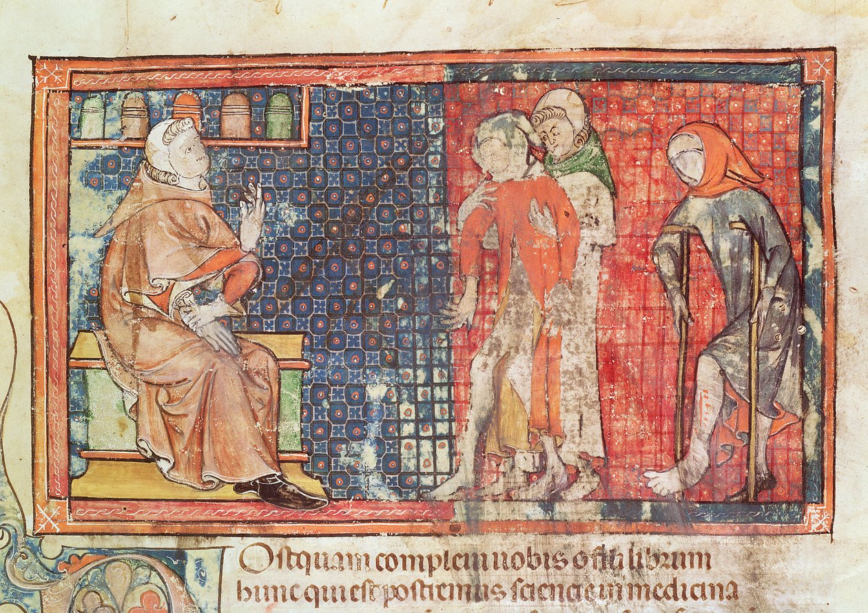 Ms 89 Ter fol.95 En syk mann og en krøpling presentert for en lege, fra en avhandling av Abul Qasim Kalaf ibn al-Abbas al Zahrawi (Albucasis) av French School