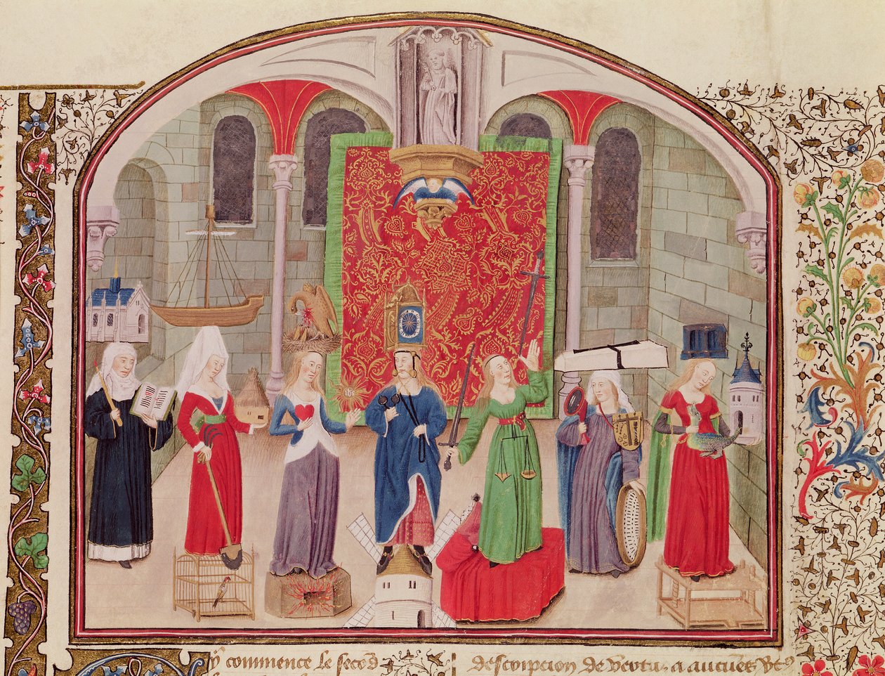 Ms 927 Fol.17v Teologiske og kardinale dyder, fra etikk, politikk og økonomi av Aristoteles (384-322 f.Kr.) av French School