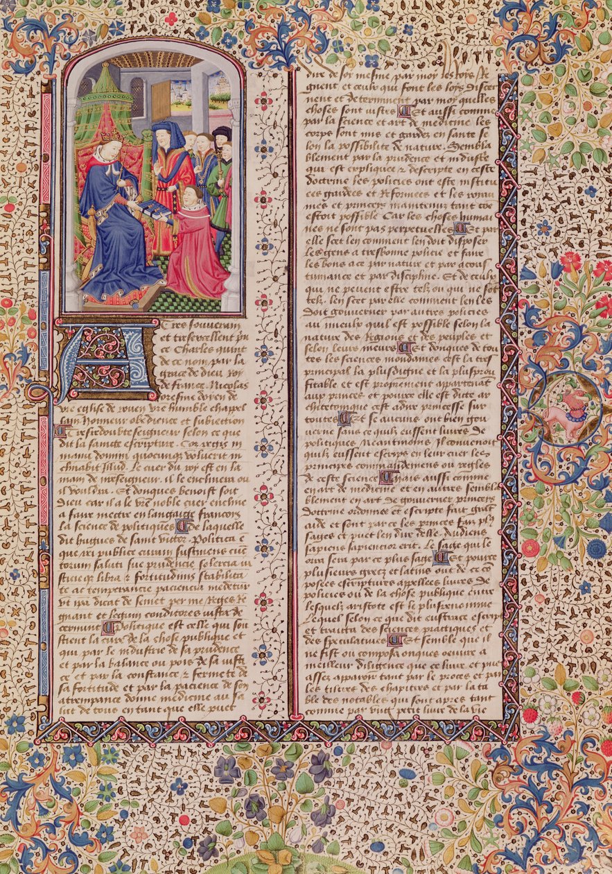 Ms 927 Fol.186 Presentasjon av politikken til kongen, fra etikk, politikk og økonomi av Aristoteles (384-322 f.Kr.) av French School